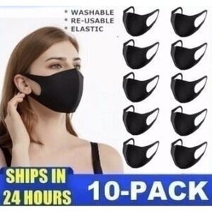 10 Pack - FACE MASKS Black Washable Reusable Polyester Unisex Men's Women's Kids